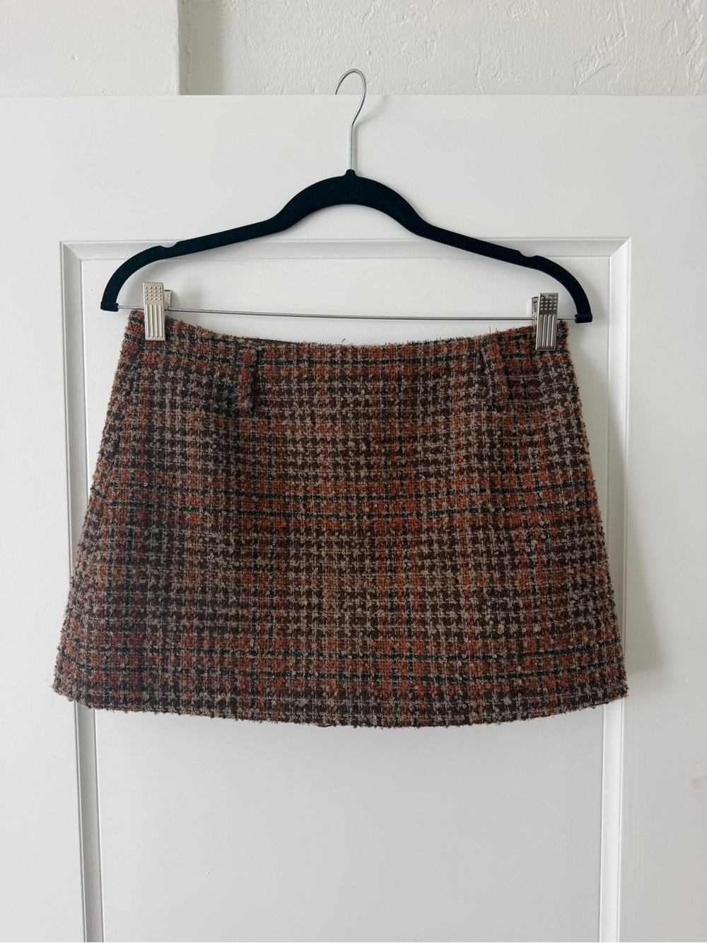 Astr Plaid Tweed Mini Skort in Brown and Tan